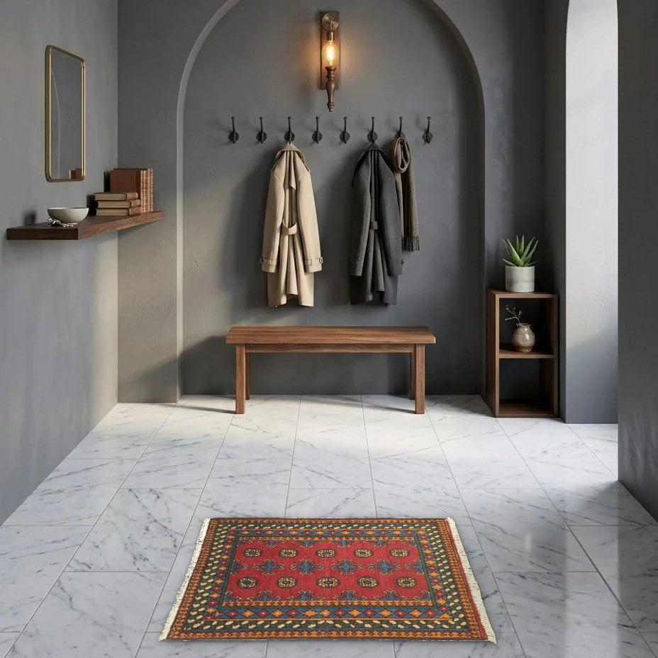 Room view: the rug on the floor of a furnished room