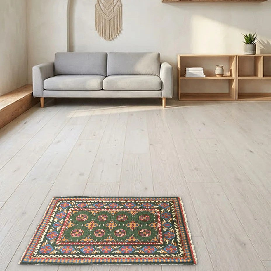 Room view: the rug on the floor of a furnished room