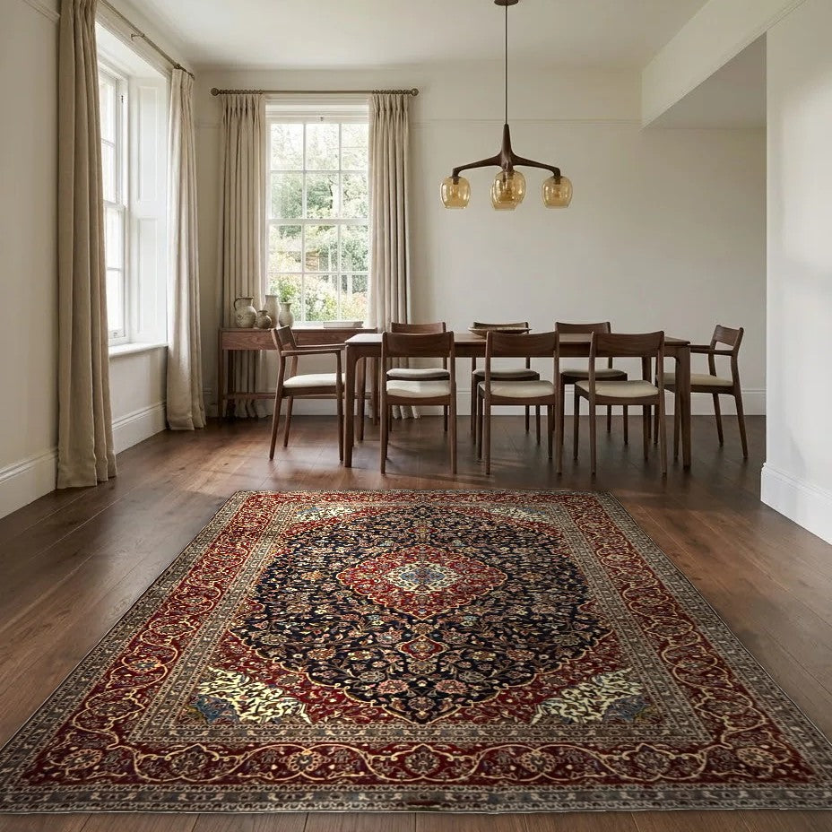 Room view: the rug on the floor of a furnished room