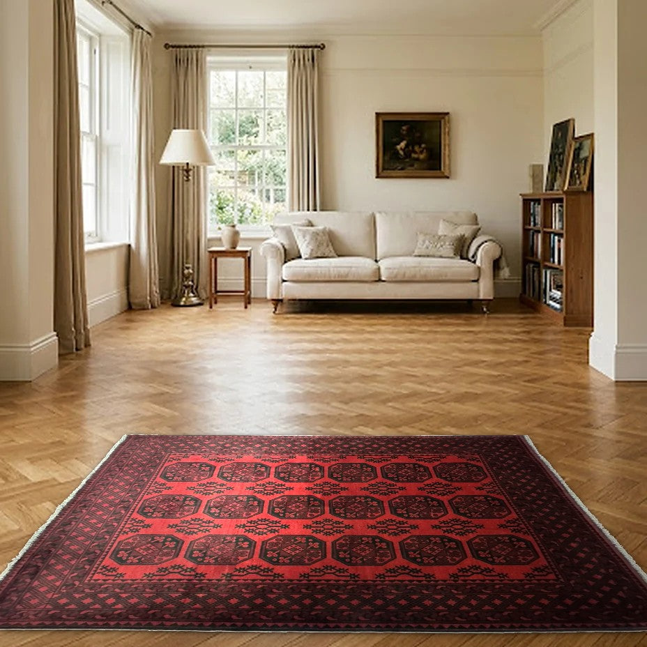 Room view: the rug on the floor of a furnished room