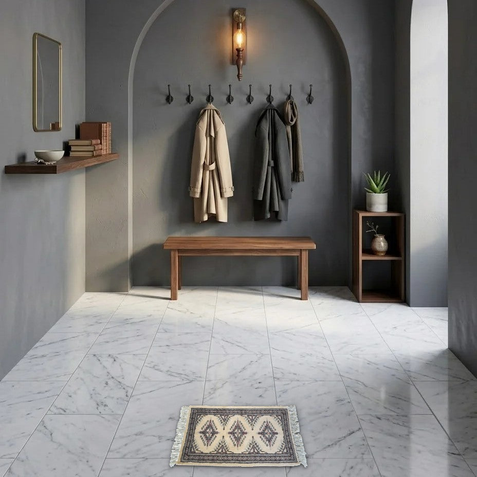 Room view: the rug on the floor of a furnished room