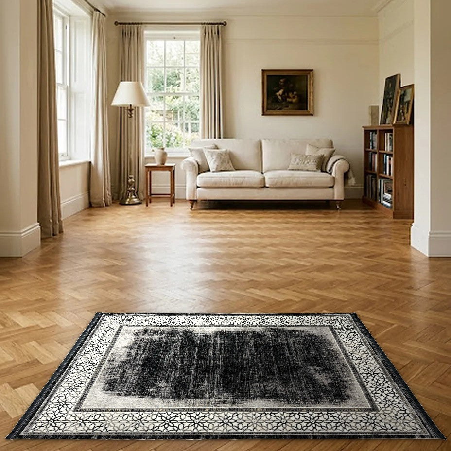 Room view: the rug on the floor of a furnished room