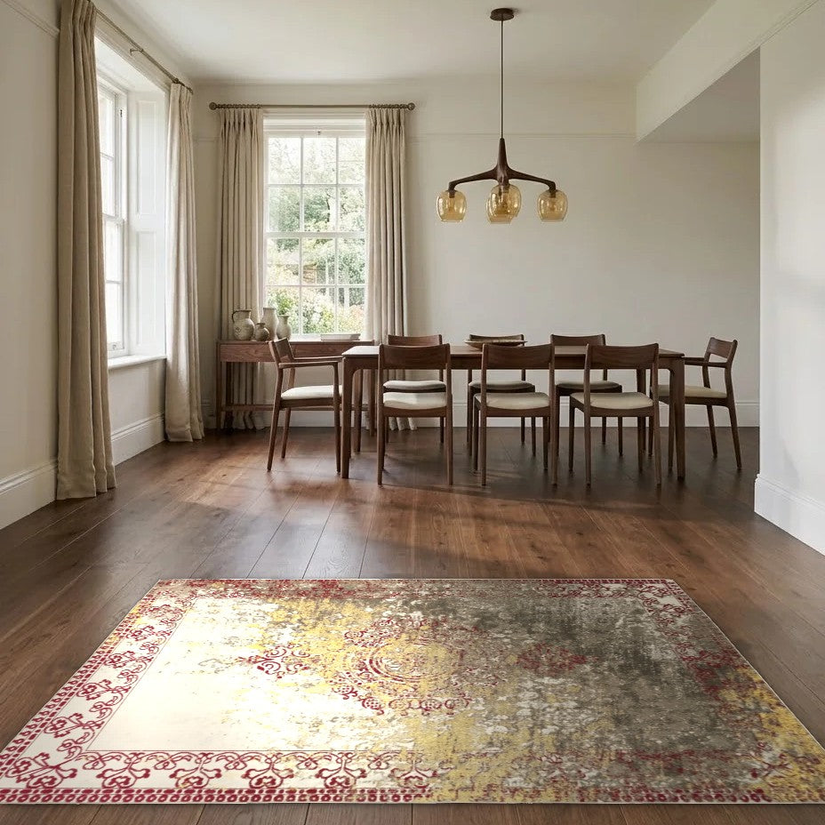 Room view: the rug on the floor of a furnished room