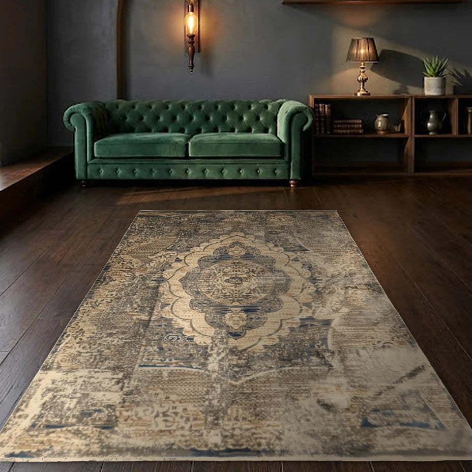 Room view: the rug on the floor of a furnished room