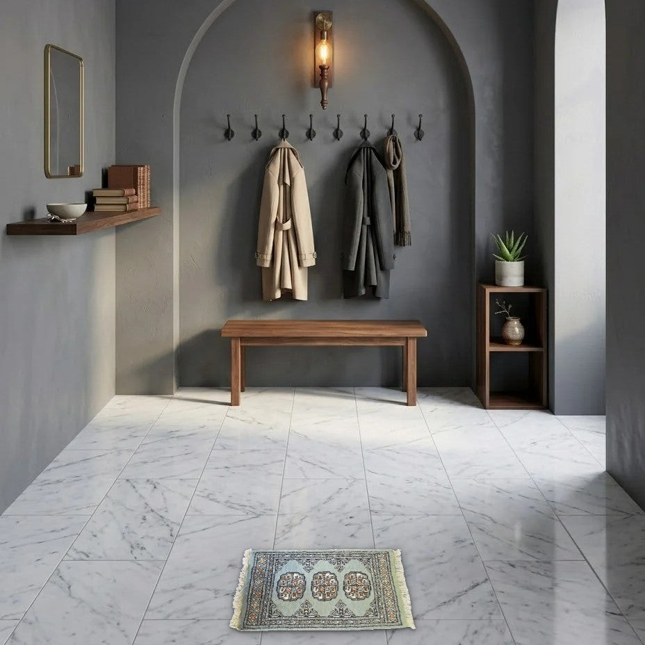 Room view: the rug on the floor of a furnished room