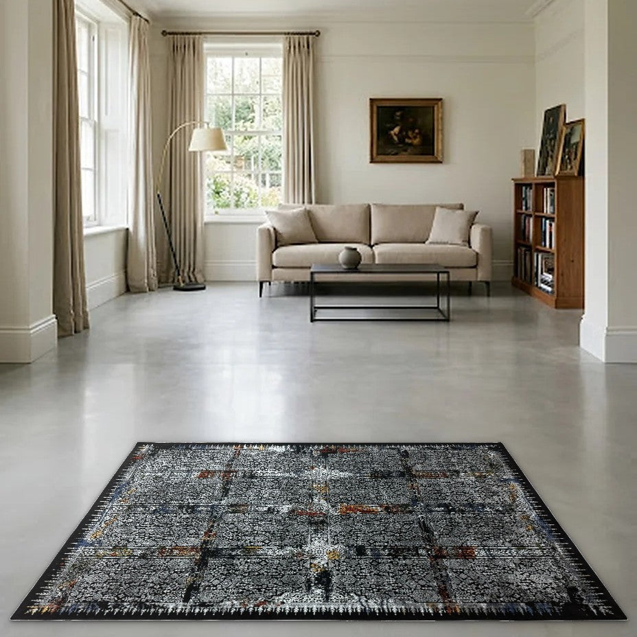Room view: the rug on the floor of a furnished room