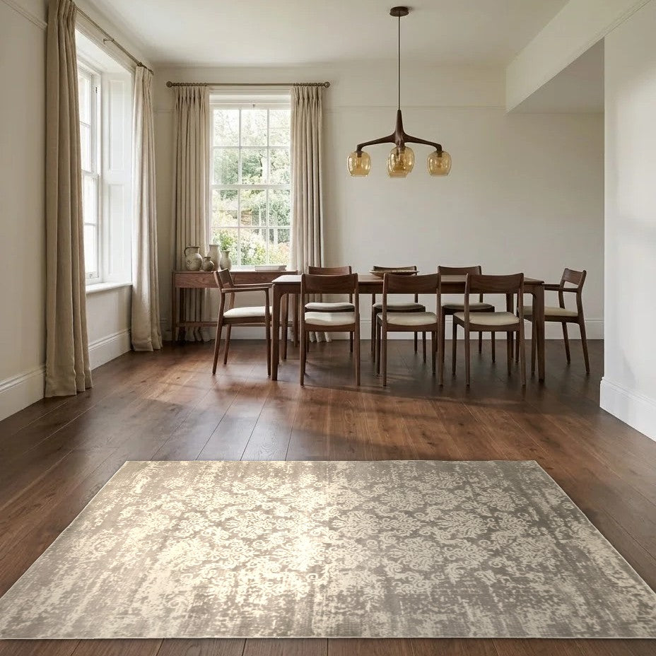 Room view: the rug on the floor of a furnished room