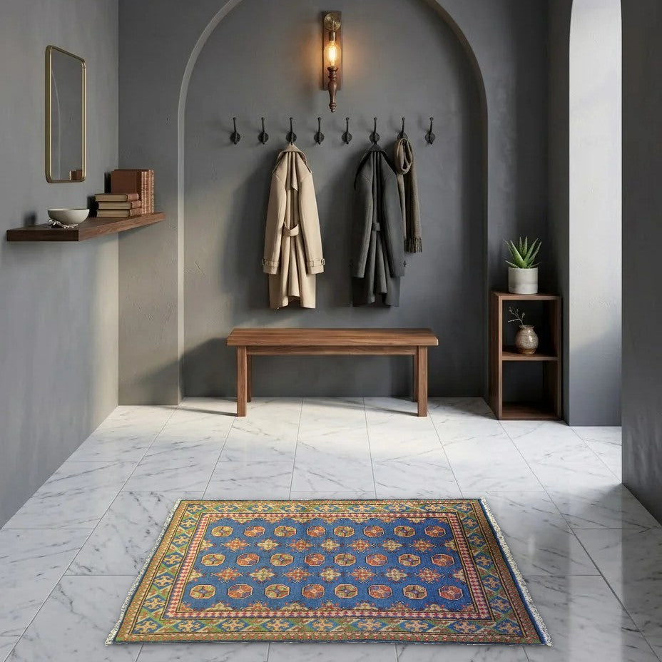 Room view: the rug on the floor of a furnished room