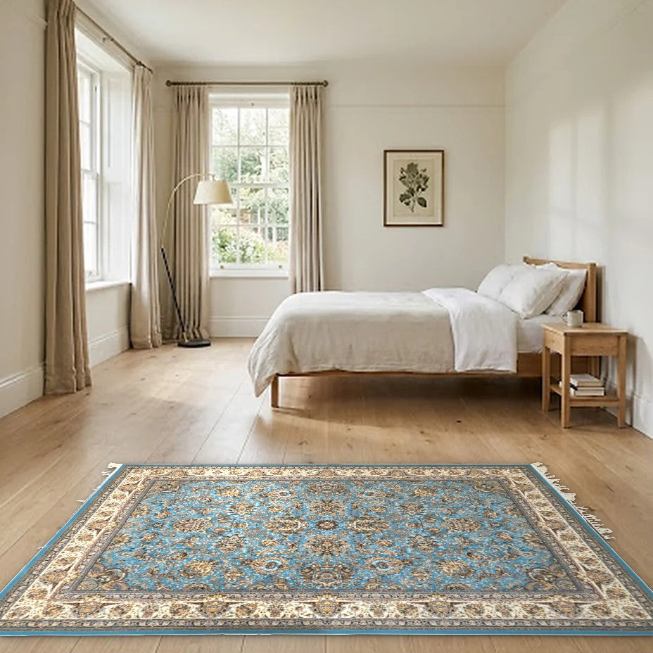 Room view: the rug on the floor of a furnished room