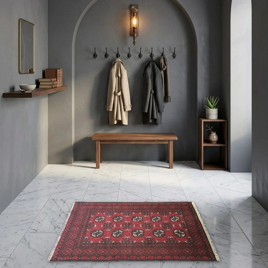Room view: the rug on the floor of a furnished room