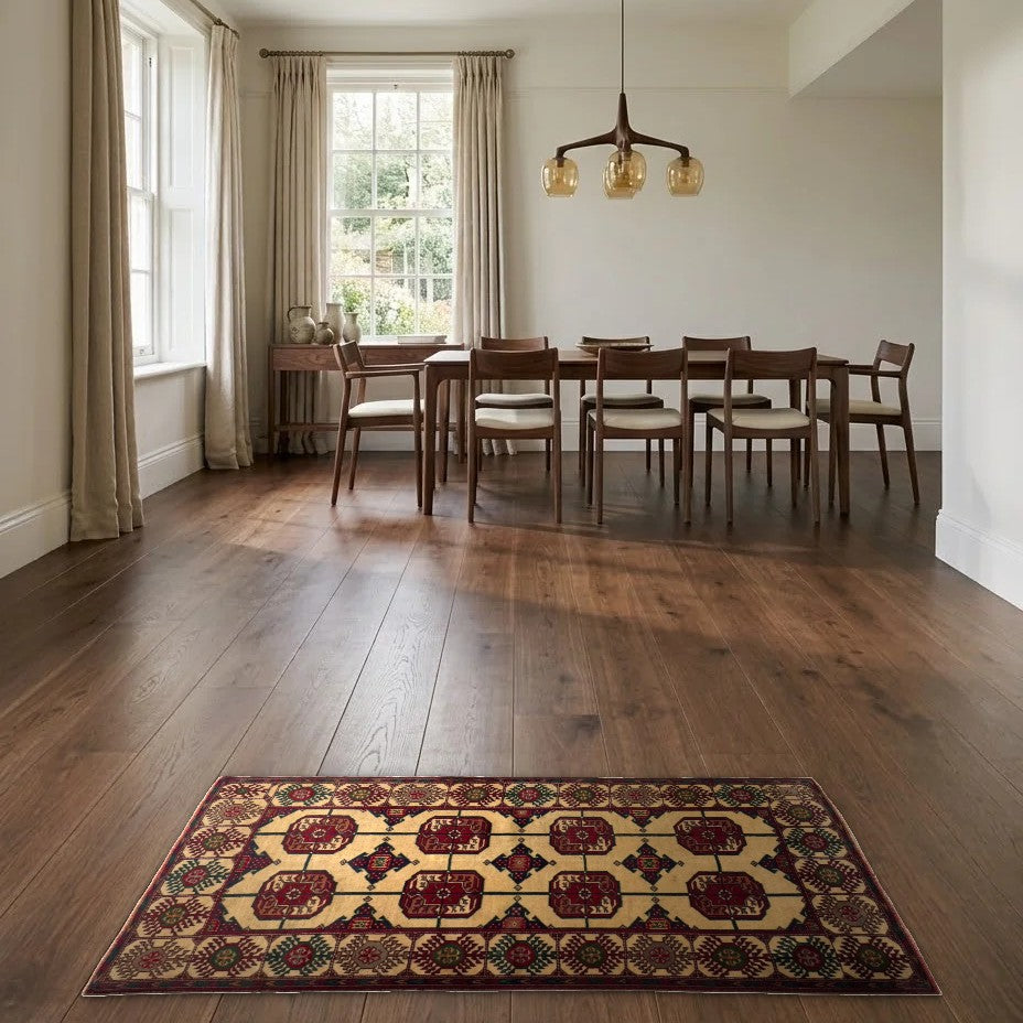 Room view: the rug on the floor of a furnished room