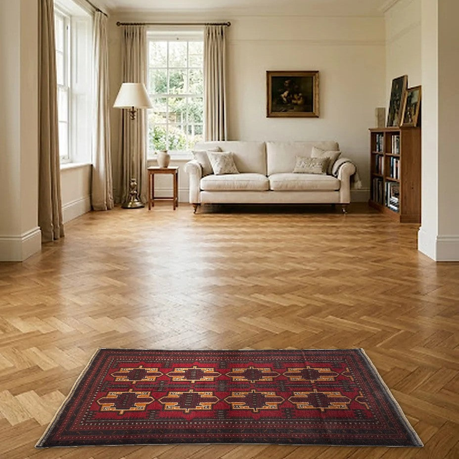 Room view: the rug on the floor of a furnished room