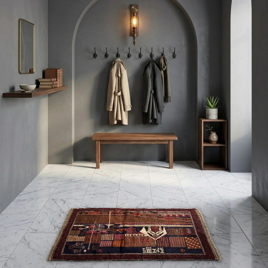 Room view: the rug on the floor of a furnished room