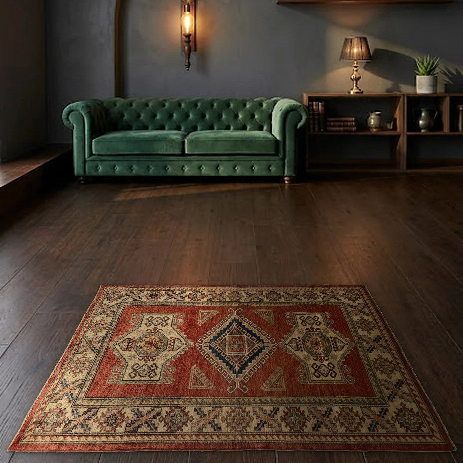 Room view: the rug on the floor of a furnished room