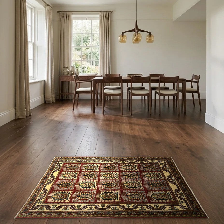 Room view: the rug on the floor of a furnished room