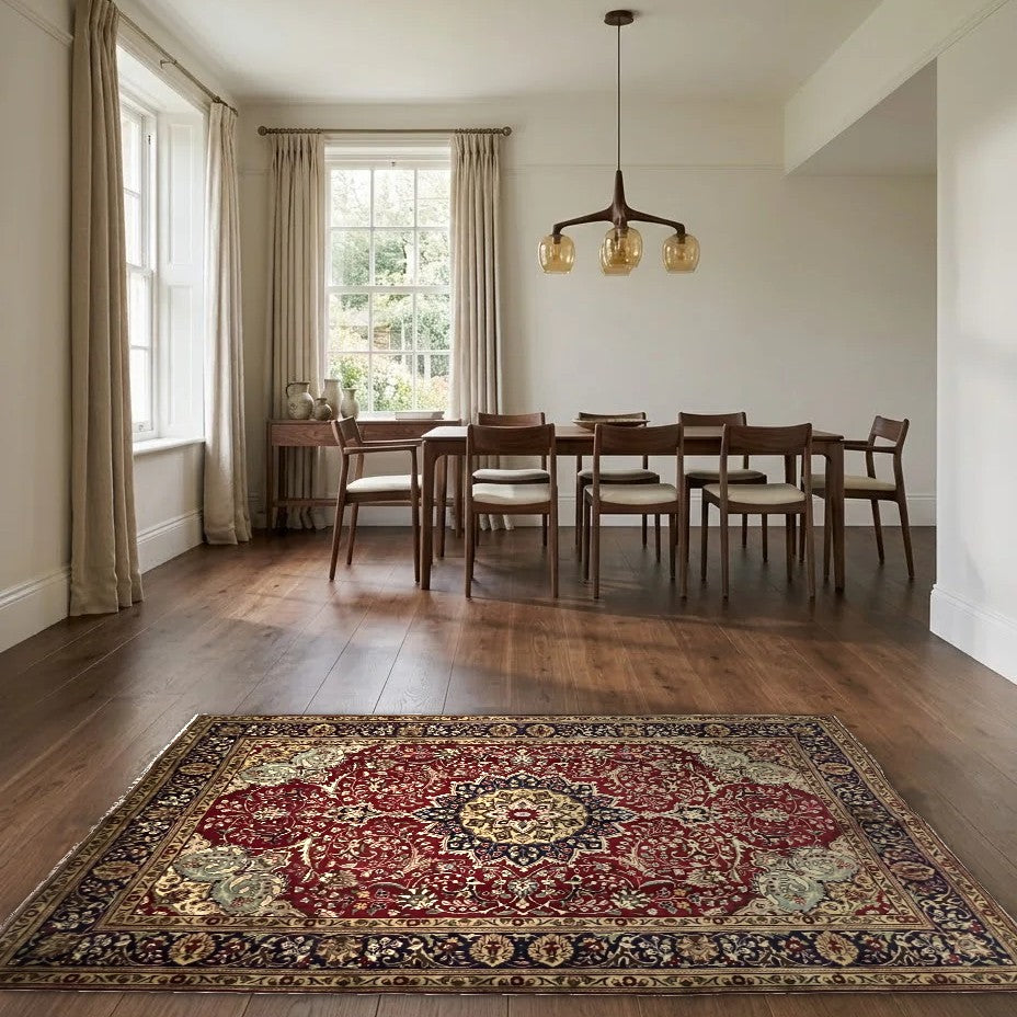 Room view: the rug on the floor of a furnished room