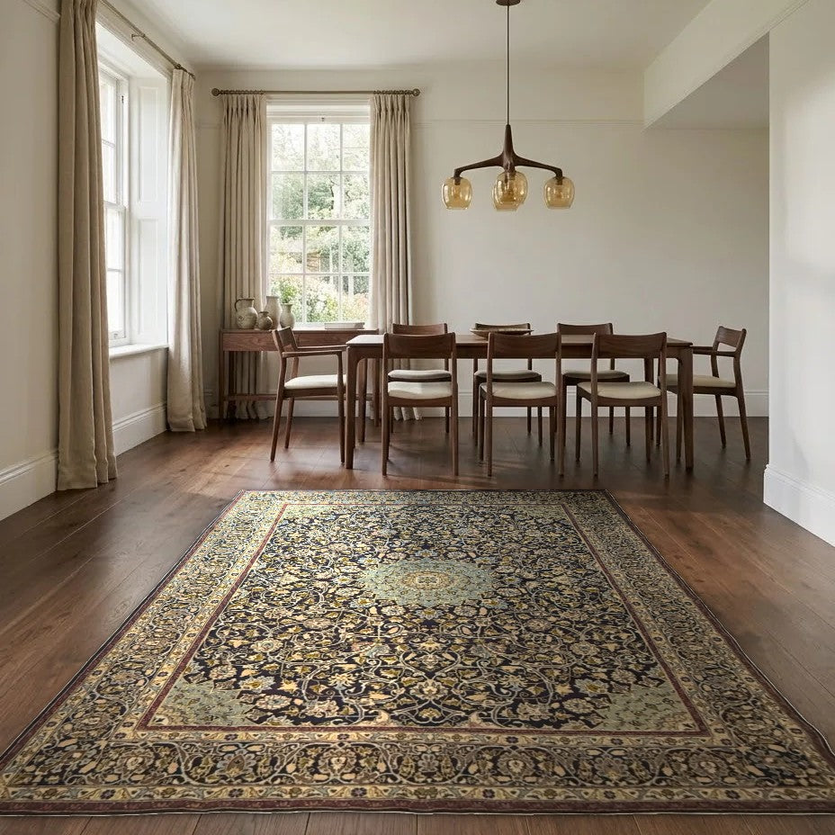 Room view: the rug on the floor of a furnished room