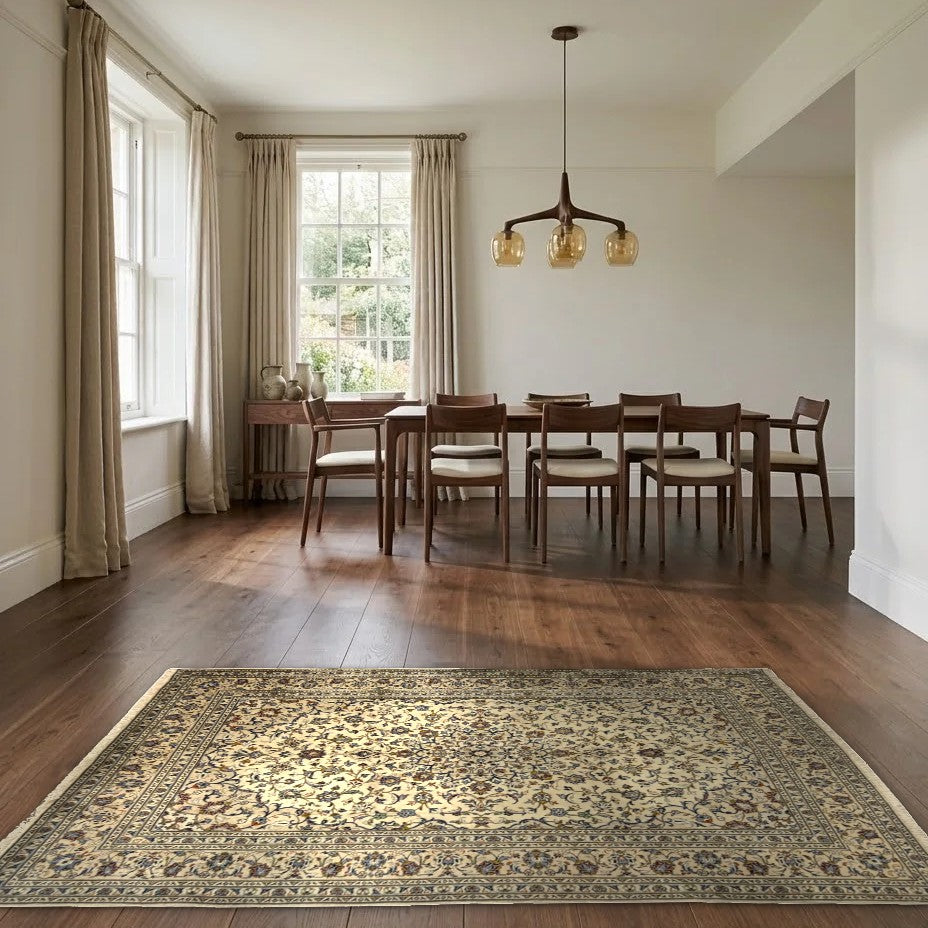 Room view: the rug on the floor of a furnished room