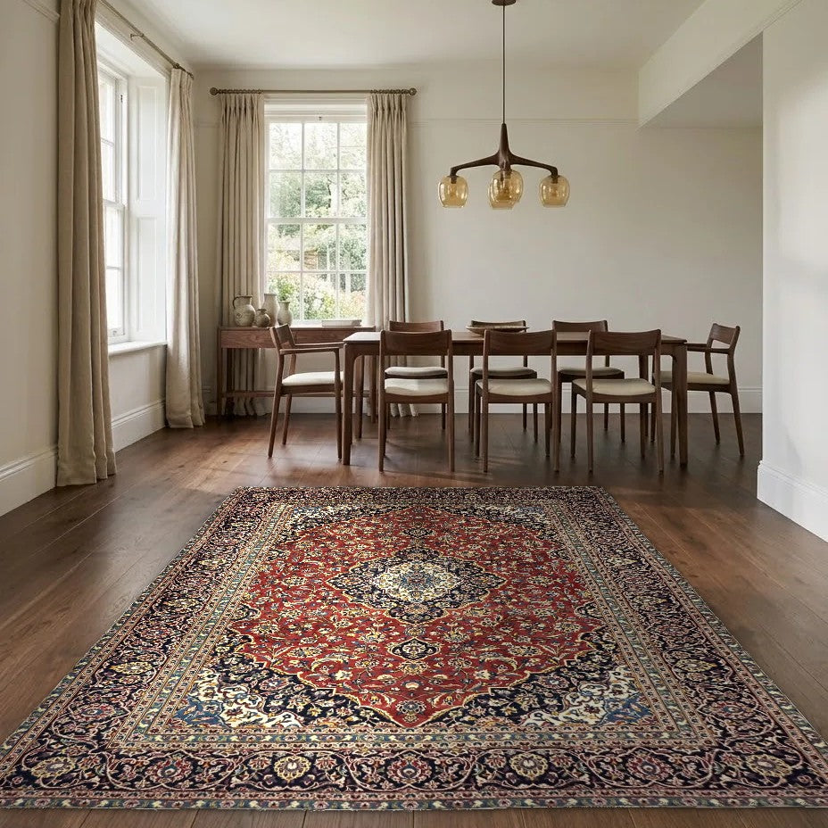 Room view: the rug on the floor of a furnished room