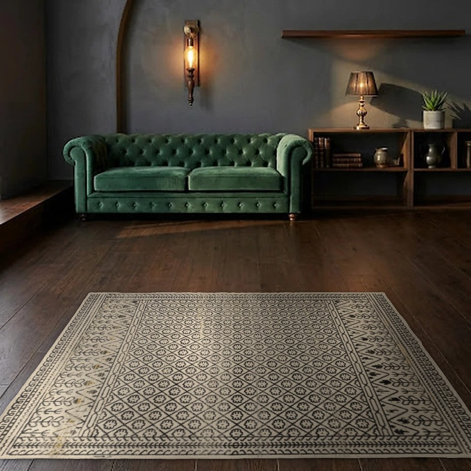 Room view: the rug on the floor of a furnished room