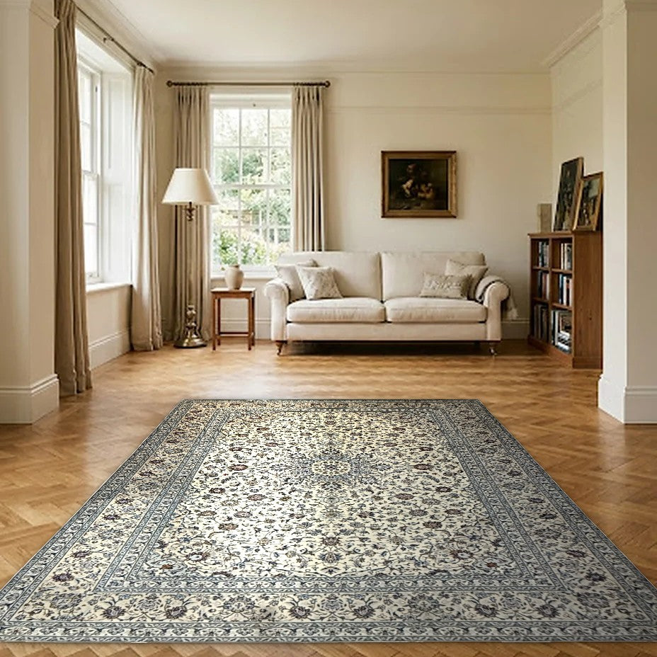 Room view: the rug on the floor of a furnished room