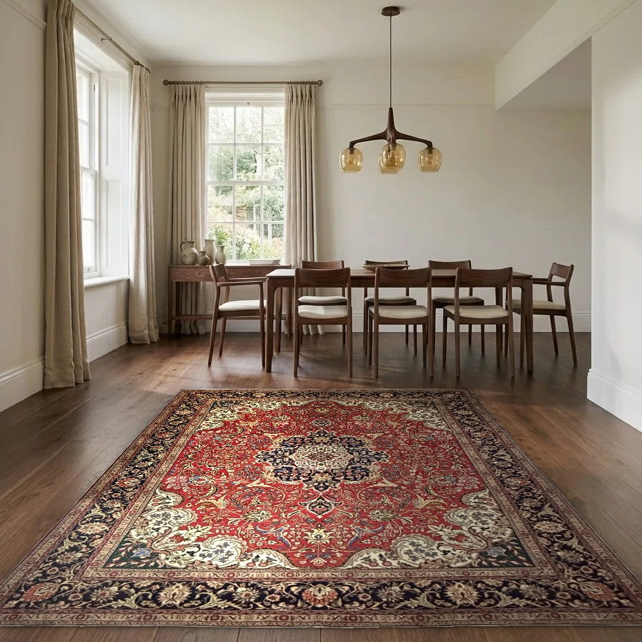 Room view: the rug on the floor of a furnished room