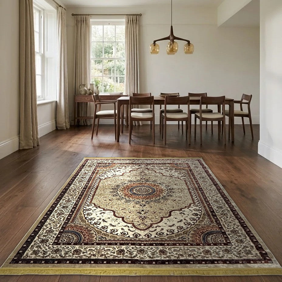 Room view: the rug on the floor of a furnished room
