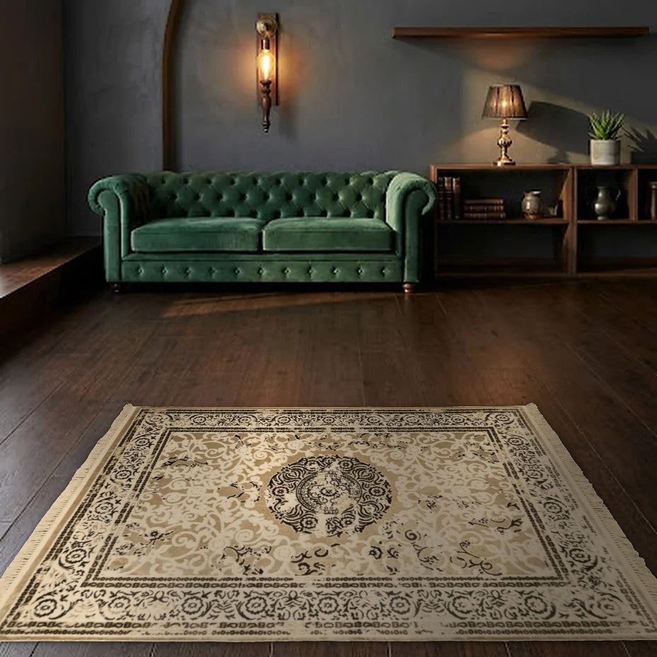 Room view: the rug on the floor of a furnished room