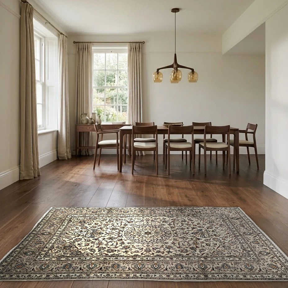 Room view: the rug on the floor of a furnished room