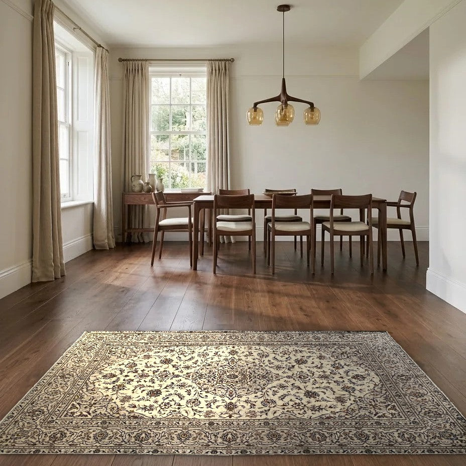 Room view: the rug on the floor of a furnished room