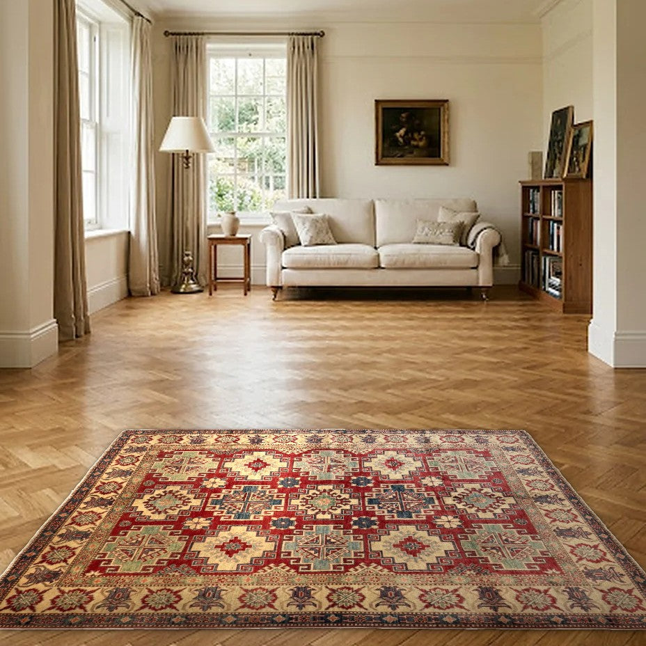 Room view: the rug on the floor of a furnished room