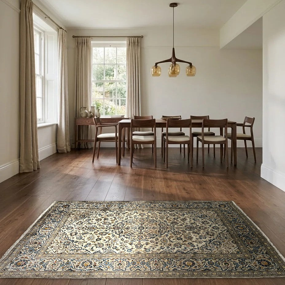 Room view: the rug on the floor of a furnished room