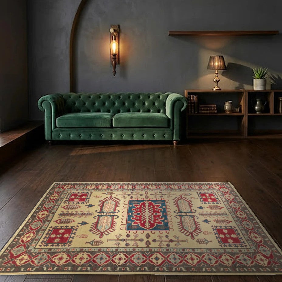 Room view: the rug on the floor of a furnished room