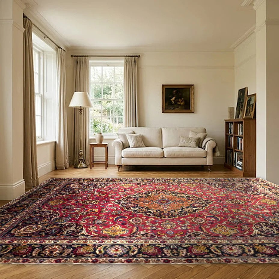 Room view: the rug on the floor of a furnished room