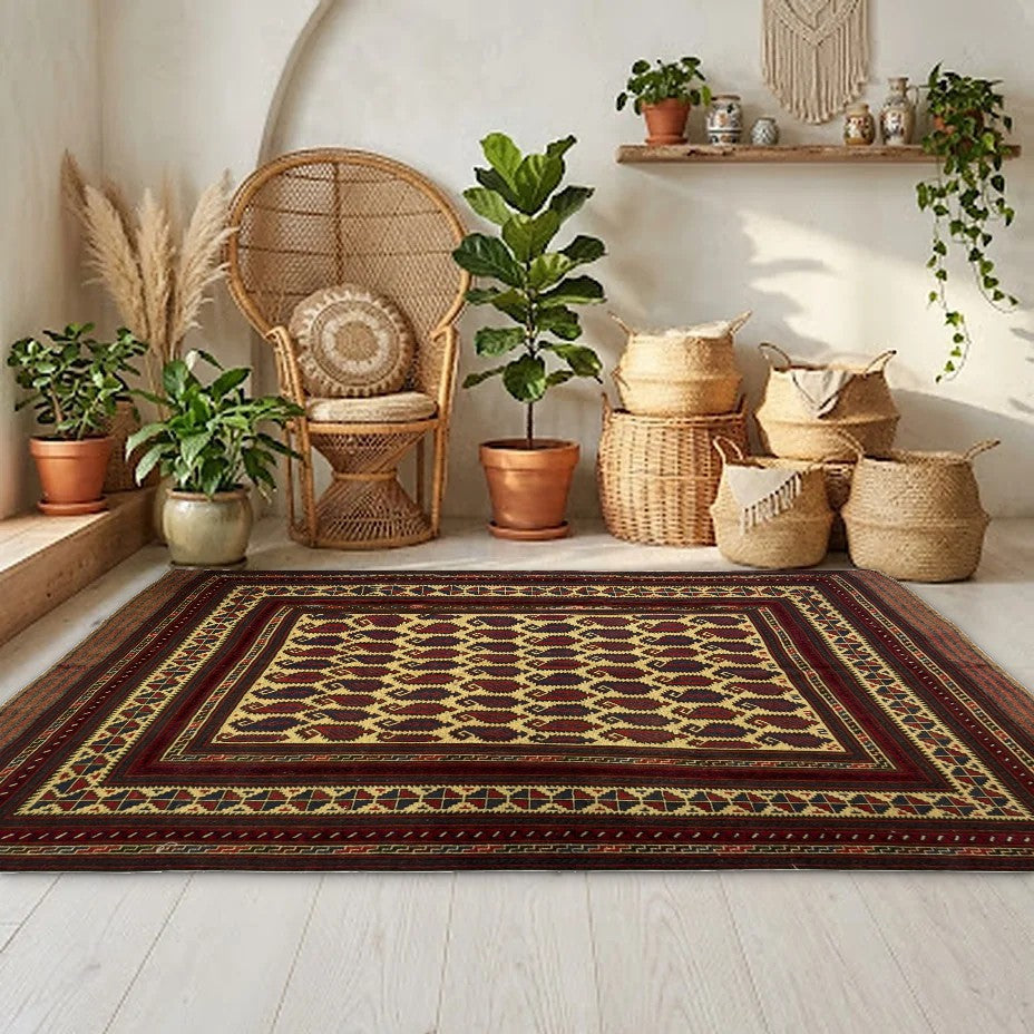 Room view: the rug on the floor of a furnished room