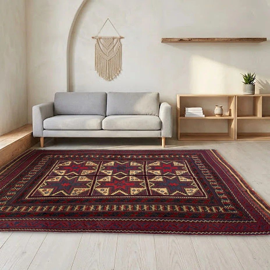 Room view: the rug on the floor of a furnished room