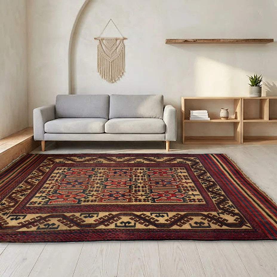 Room view: the rug on the floor of a furnished room