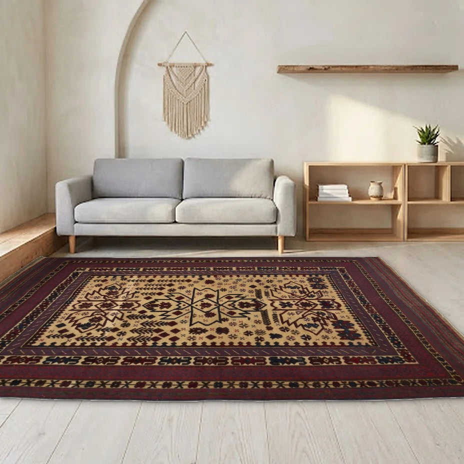 Room view: the rug on the floor of a furnished room
