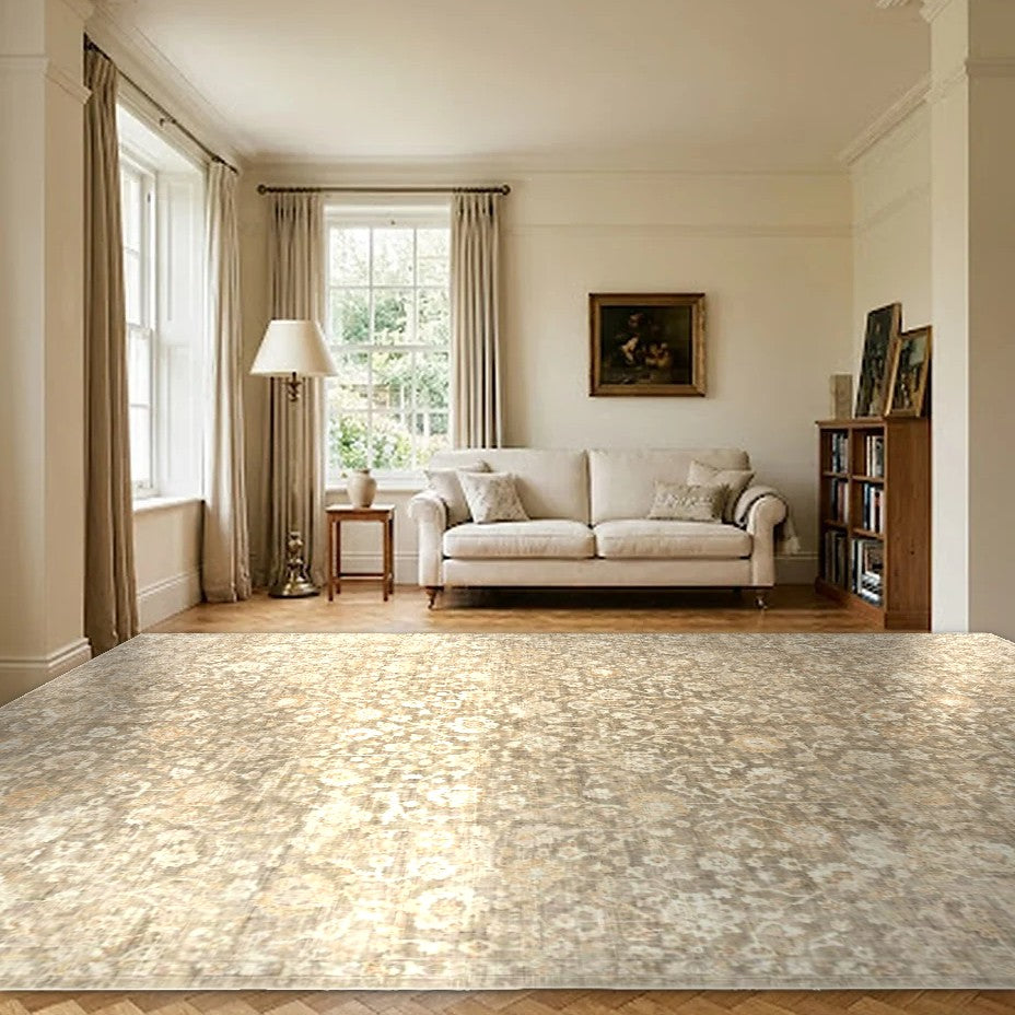 Room view: the rug on the floor of a furnished room