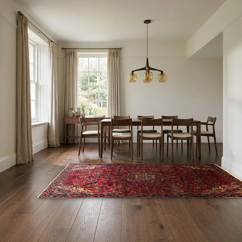 Room view: the rug on the floor of a furnished room