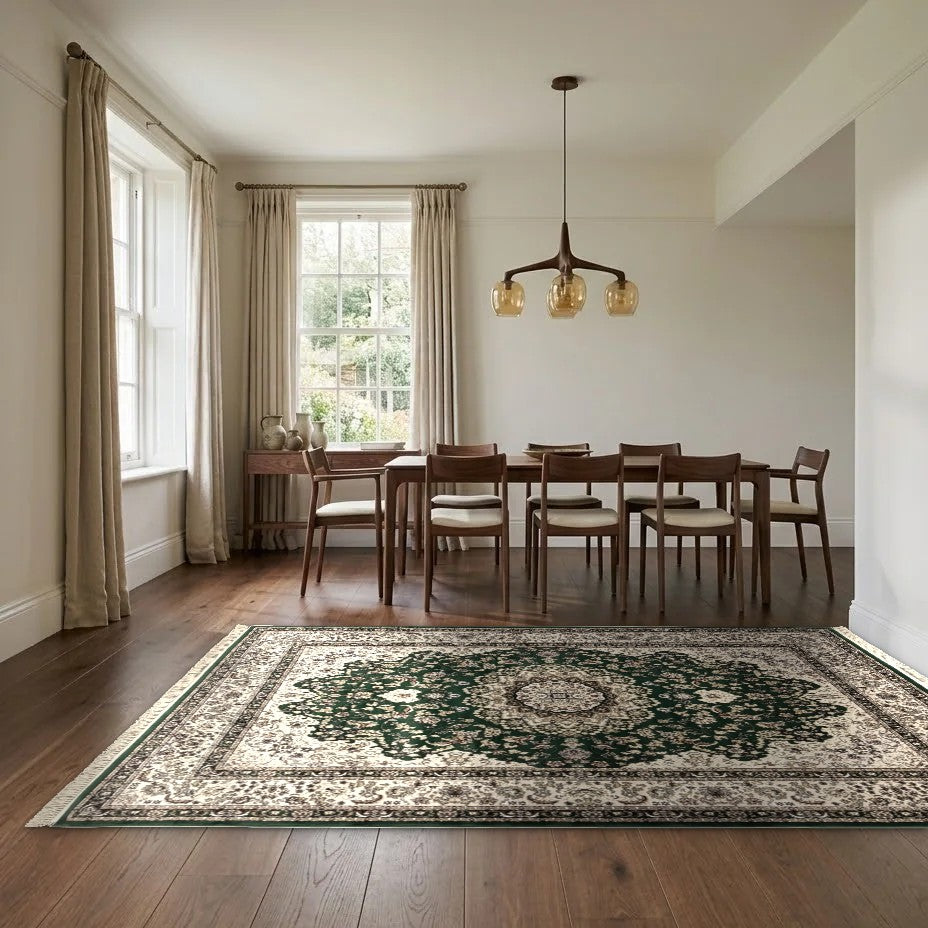 Room view: the rug on the floor of a furnished room