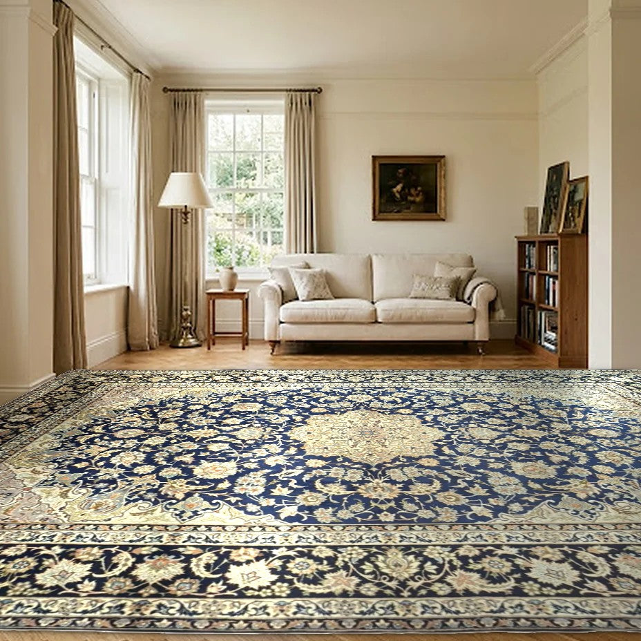 Room view: the rug on the floor of a furnished room