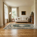 Room view: the rug on the floor of a furnished room