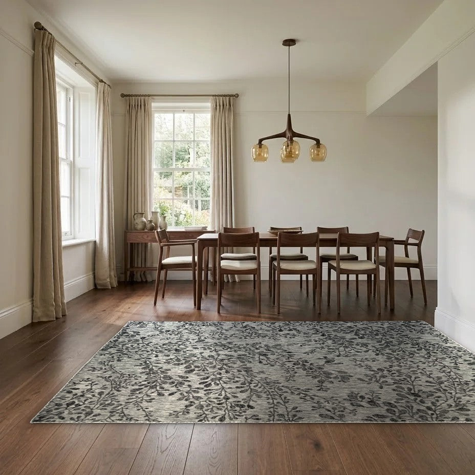 Room view: the rug on the floor of a furnished room, shown at its real size