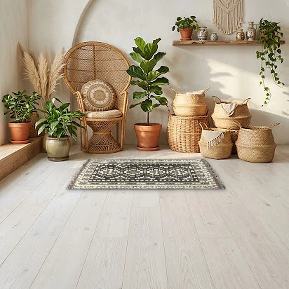 Room view: the rug on the floor of a furnished room, shown at its real size
