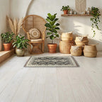 Room view: the rug on the floor of a furnished room, shown at its real size