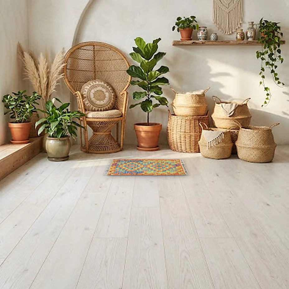 Room view: the rug on the floor of a furnished room, shown at its real size