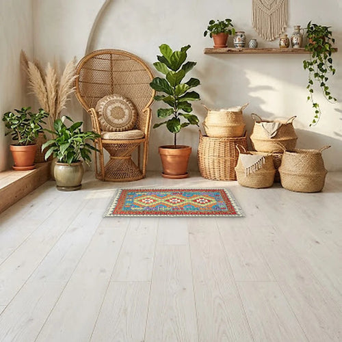 Room view: the rug on the floor of a furnished room, shown at its real size