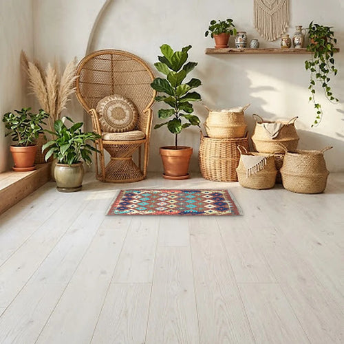 Room view: the rug on the floor of a furnished room, shown at its real size