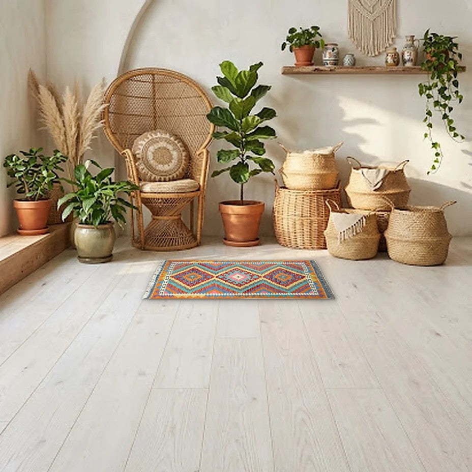Room view: the rug on the floor of a furnished room, shown at its real size